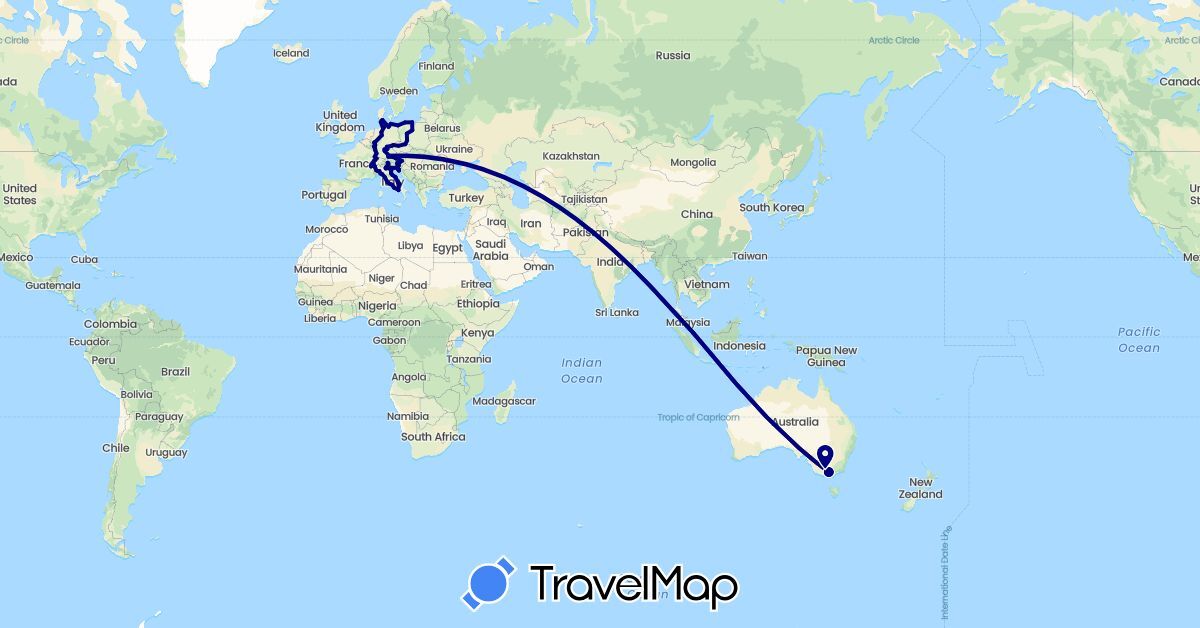 TravelMap itinerary: driving in Austria, Australia, Switzerland, Czech Republic, Germany, Denmark, France, Croatia, Italy, Poland, Singapore, Slovenia (Asia, Europe, Oceania)